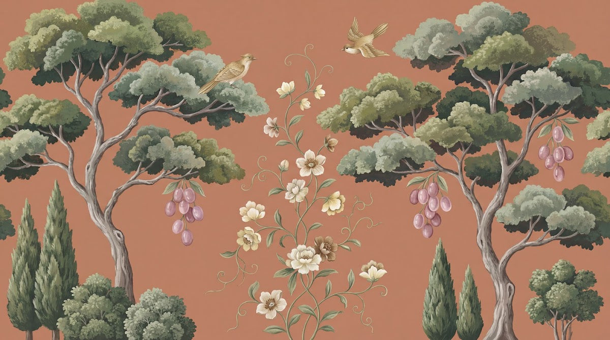 Papier peint panoramique floral - Arbres fruitiers fleurs blanches oiseaux fond terracotta et vert sur mesure - Design