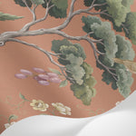 Papier peint panoramique floral - Arbres fruitiers fleurs blanches oiseaux fond terracotta et vert sur mesure - Matière