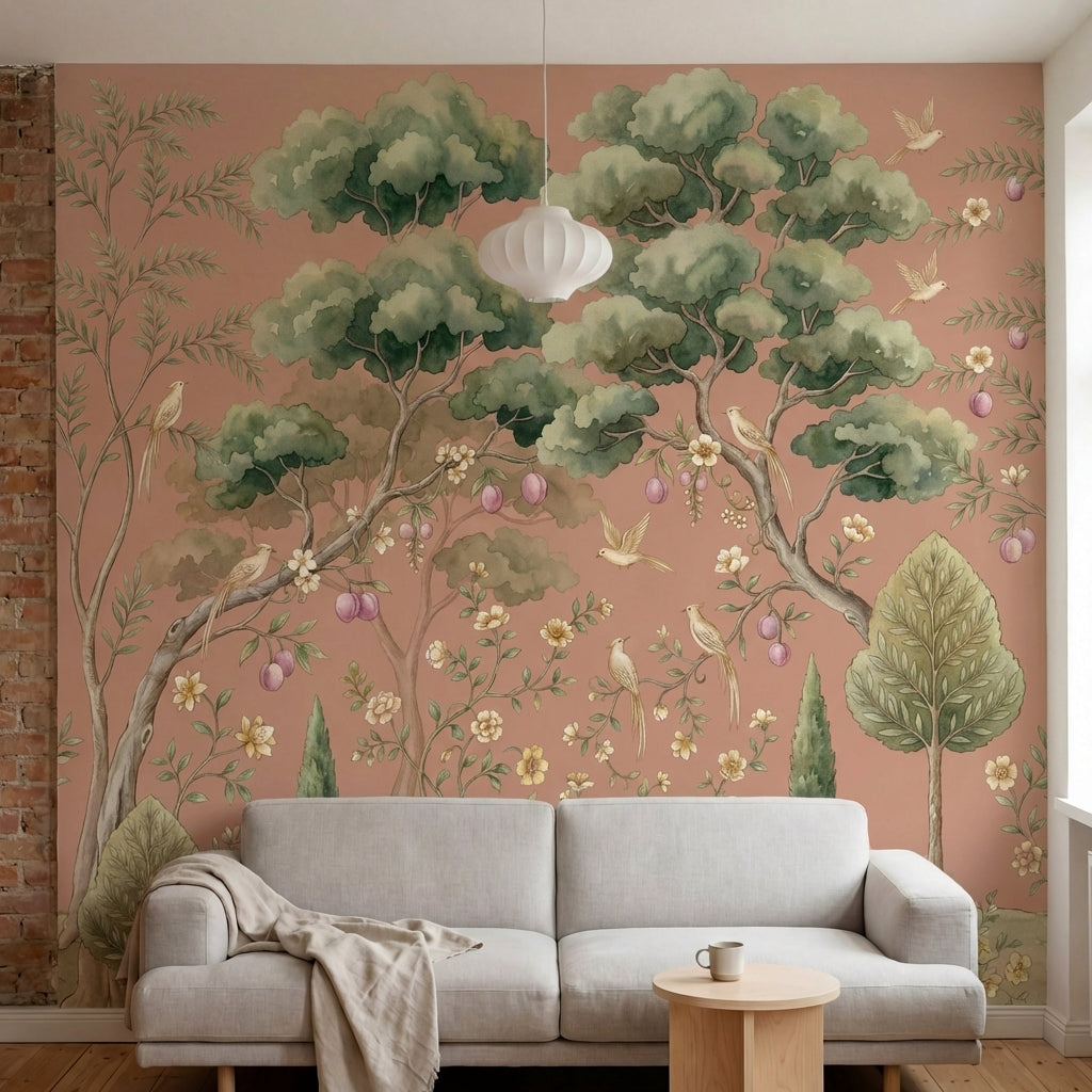 papier peint panoramique floral arbres fruitiers oiseaux blancs fleurs blanches -2