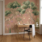 papier peint panoramique floral arbres fruitiers oiseaux blancs fleurs blanches -6