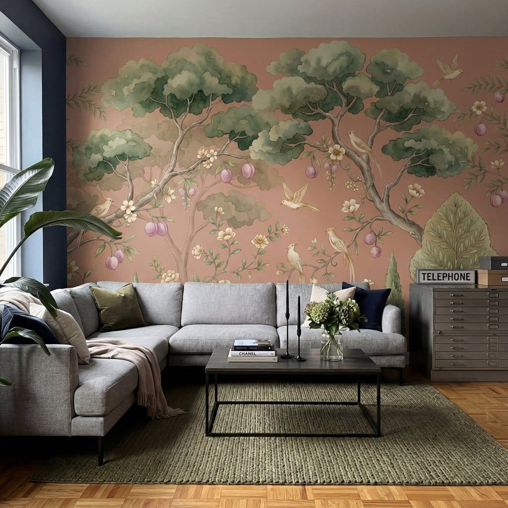 papier peint panoramique floral arbres fruitiers oiseaux blancs fleurs blanches -7
