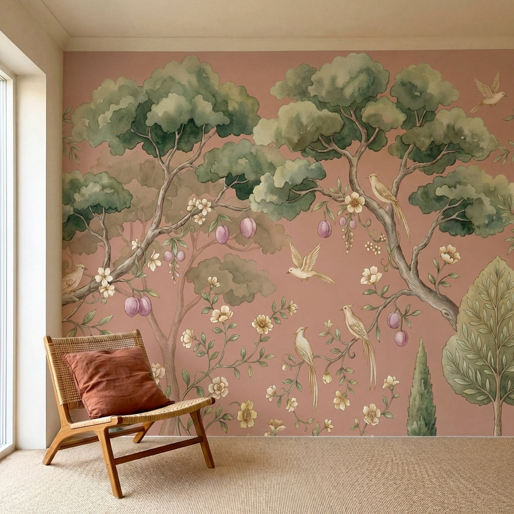 papier peint panoramique floral arbres fruitiers oiseaux blancs fleurs blanches -HERO-14