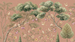 Papier peint panoramique floral - Arbres fruitiers oiseaux blancs fleurs blanches fond rose poudré et vert sauge sur mesure - Design