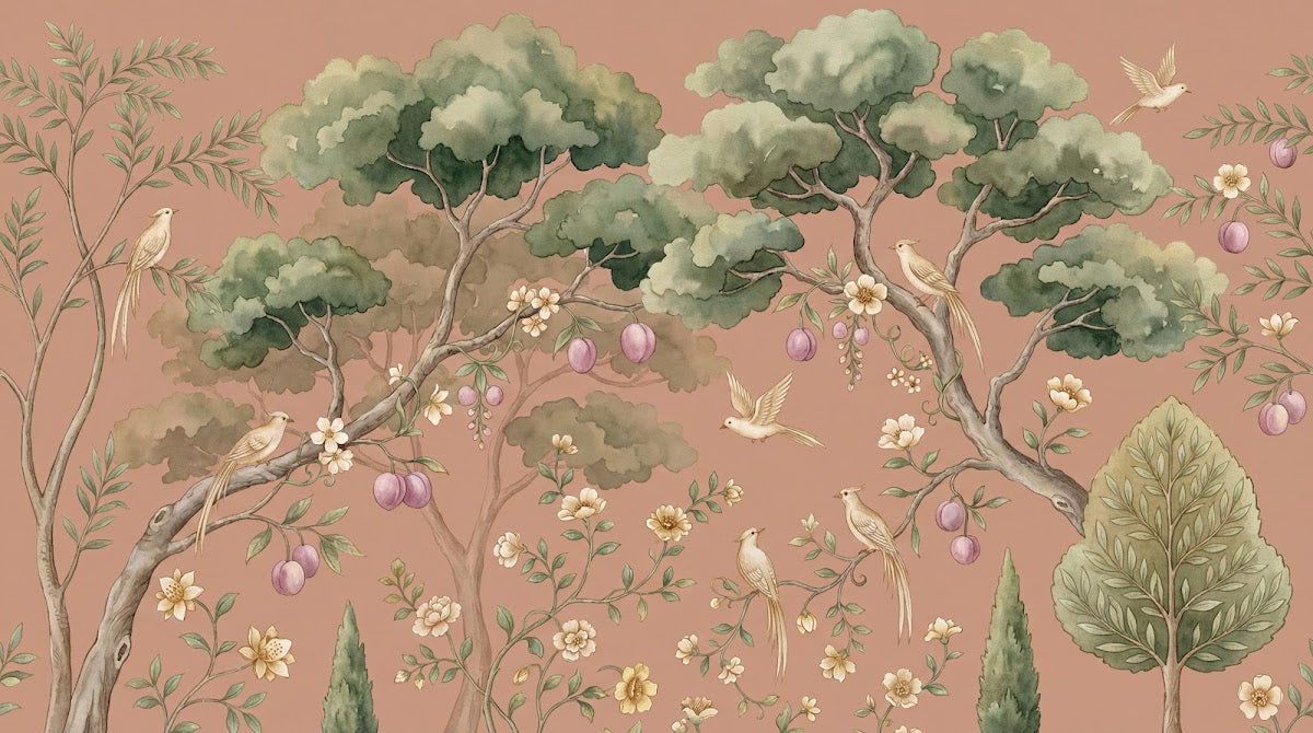 Papier peint panoramique floral - Arbres fruitiers oiseaux blancs fleurs blanches fond rose poudré et vert sauge sur mesure - Design