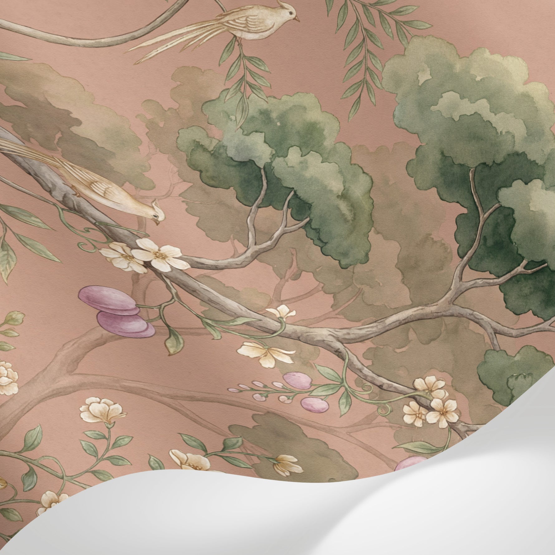 Papier peint panoramique floral - Arbres fruitiers oiseaux blancs fleurs blanches fond rose poudré et vert sauge sur mesure - Matière