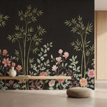 papier peint panoramique floral bambous dores magnolias roses pivoines blanches -1
