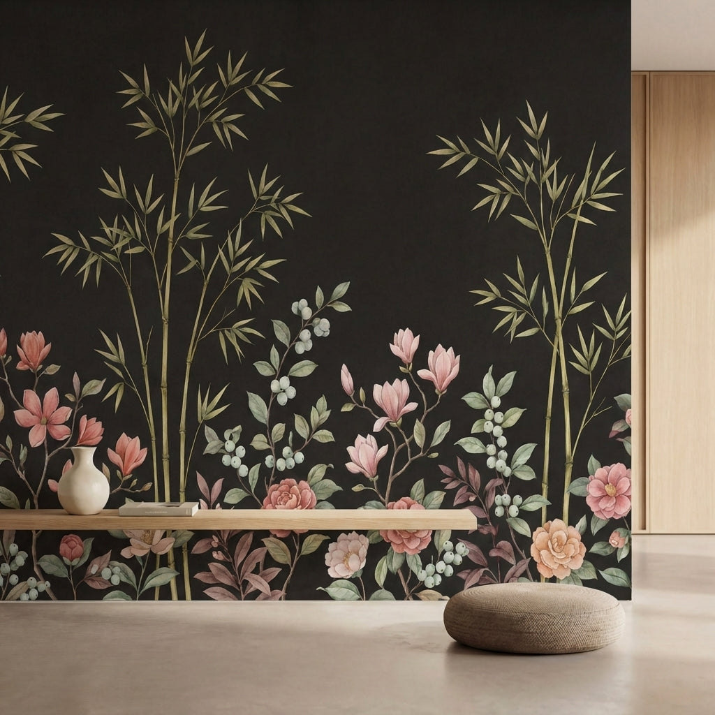 papier peint panoramique floral bambous dores magnolias roses pivoines blanches -1