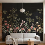 papier peint panoramique floral bambous dores magnolias roses pivoines blanches -2