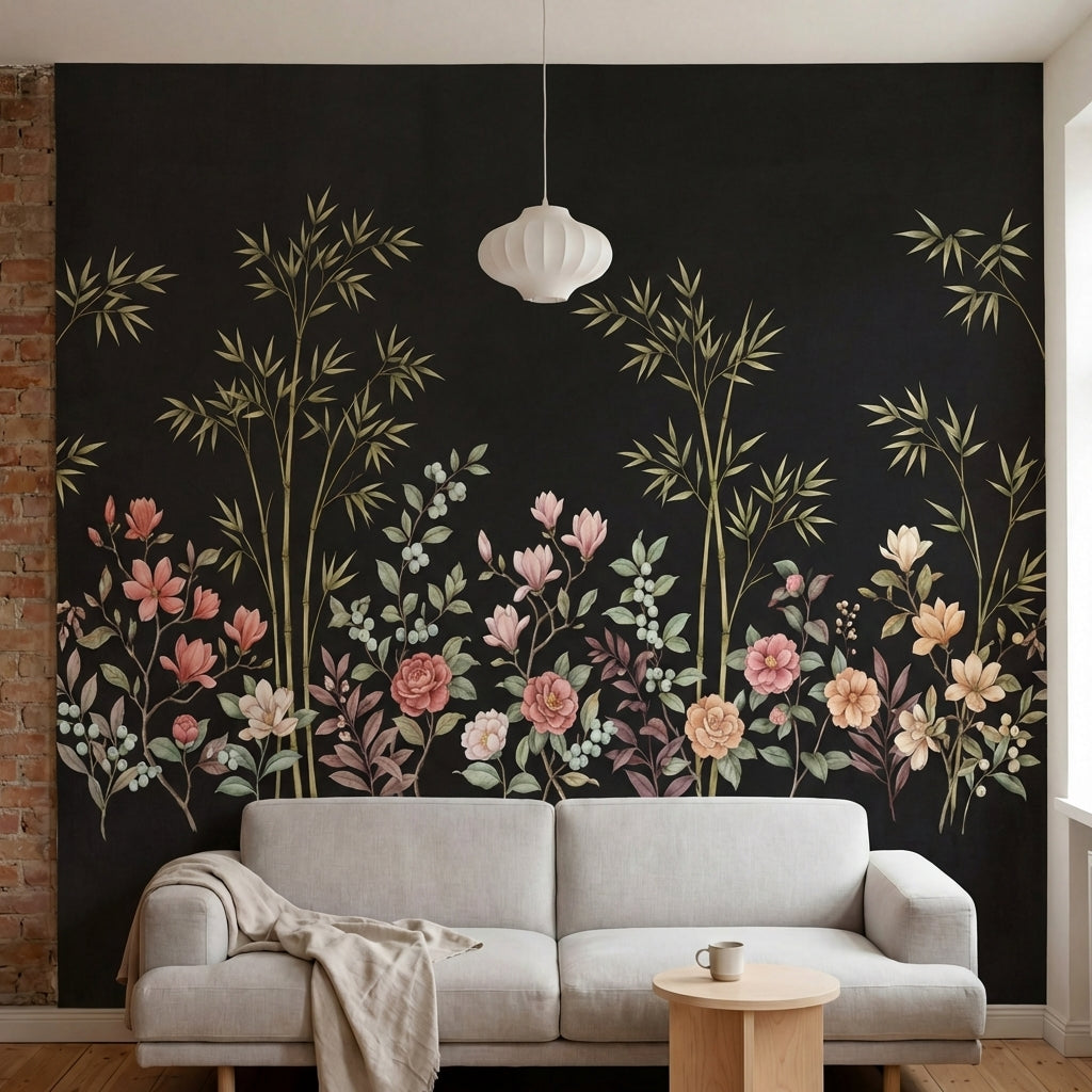 papier peint panoramique floral bambous dores magnolias roses pivoines blanches -2