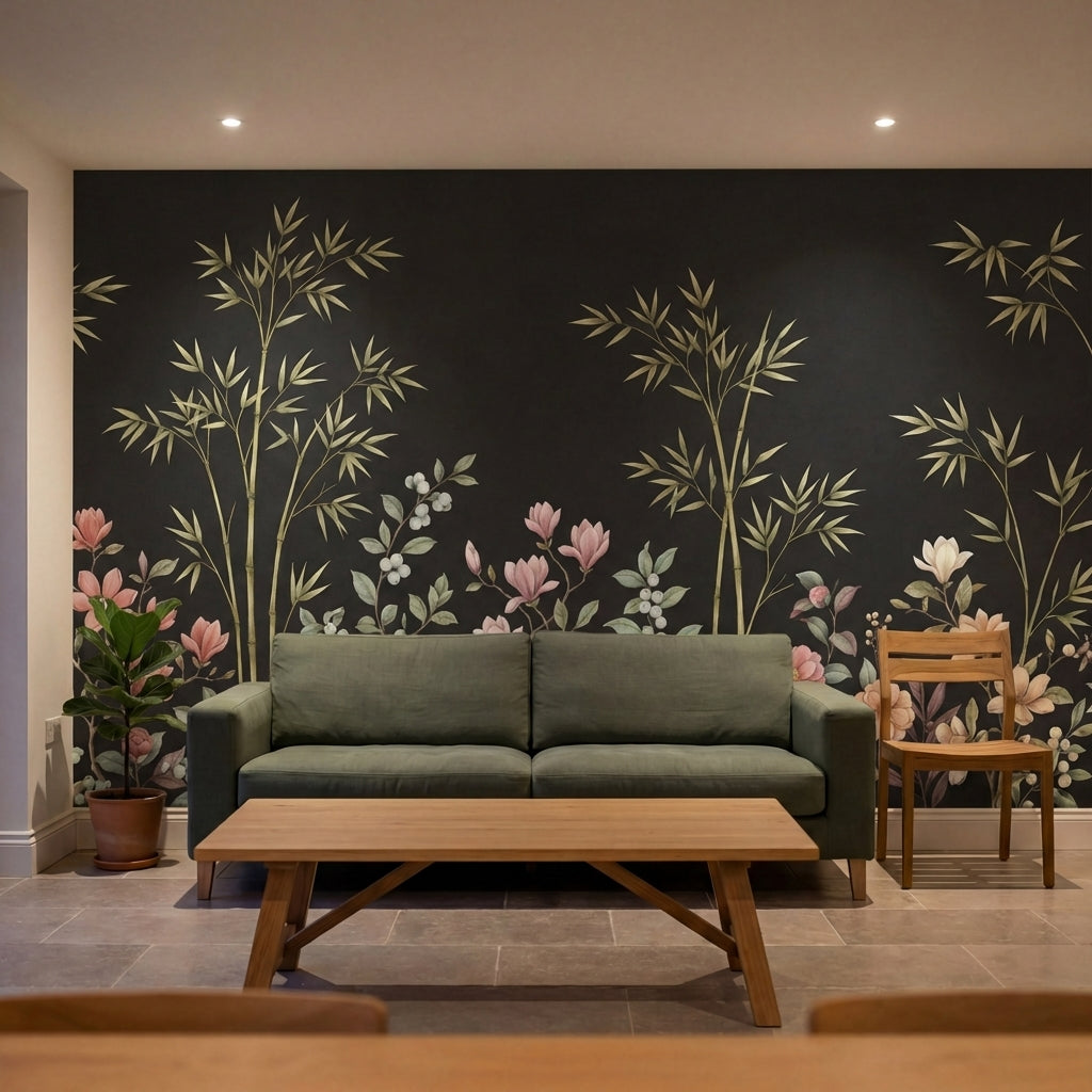 papier peint panoramique floral bambous dores magnolias roses pivoines blanches -6