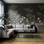 papier peint panoramique floral bambous dores magnolias roses pivoines blanches -7
