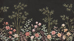 Papier peint panoramique floral - Bambous dorés magnolias roses pivoines blanches fond noir charbon sur mesure - Design
