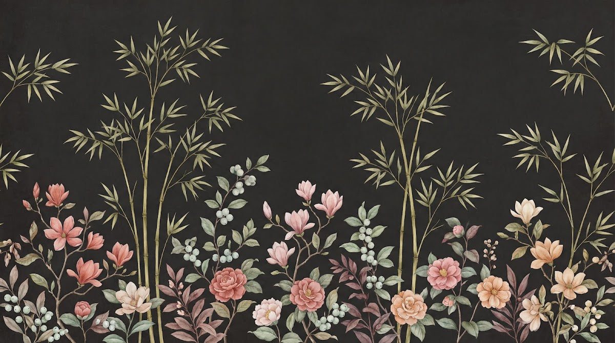 Papier peint panoramique floral - Bambous dorés magnolias roses pivoines blanches fond noir charbon sur mesure - Design