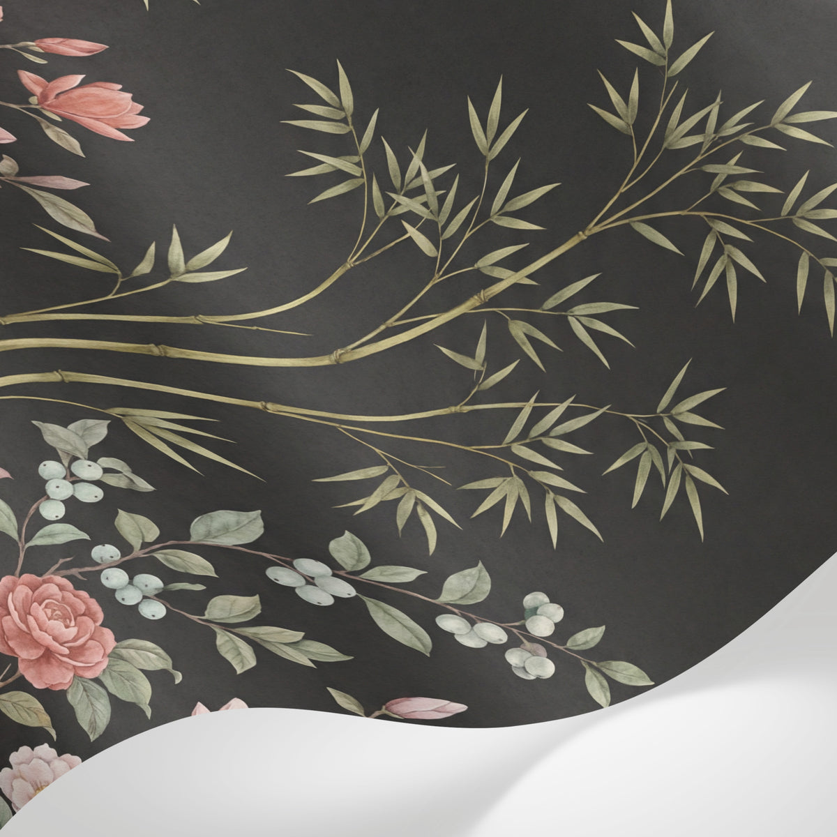 Papier peint panoramique floral - Bambous dorés magnolias roses pivoines blanches fond noir charbon sur mesure - Matière