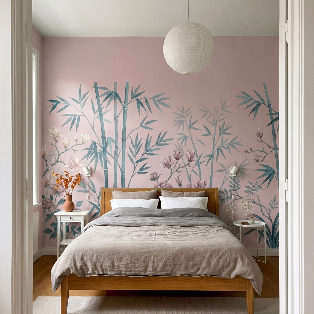 papier peint panoramique floral bambous pivoines roses magnolias blancs fond ros-6