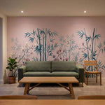 papier peint panoramique floral bambous pivoines roses magnolias blancs fond ros-7