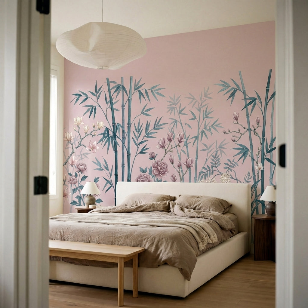 papier peint panoramique floral bambous pivoines roses magnolias blancs fond ros-9