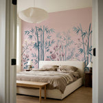 papier peint panoramique floral bambous pivoines roses magnolias blancs fond ros-9
