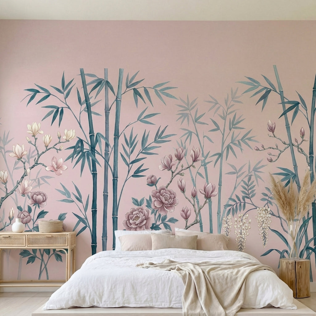 papier peint panoramique floral bambous pivoines roses magnolias blancs fond ros-HERO-10