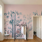 papier peint panoramique floral bambous pivoines roses magnolias blancs fond ros-HERO-9