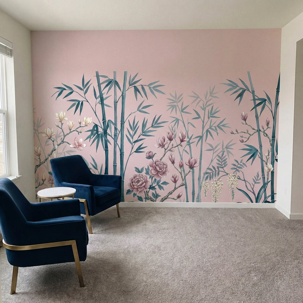 papier peint panoramique floral bambous pivoines roses magnolias blancs fond ros-VARIANTE-6