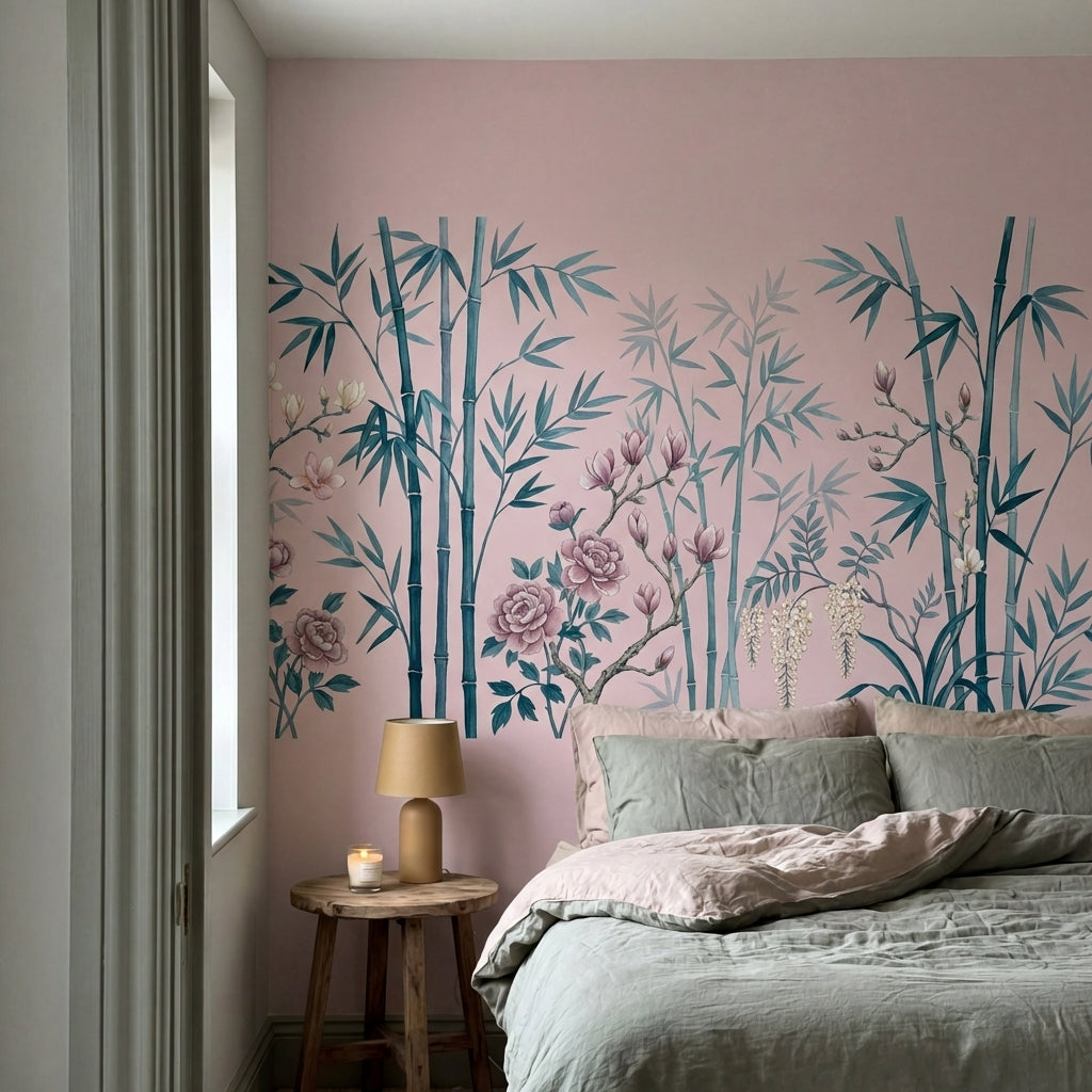 papier peint panoramique floral bambous pivoines roses magnolias blancs fond ros-VARIANTE-7