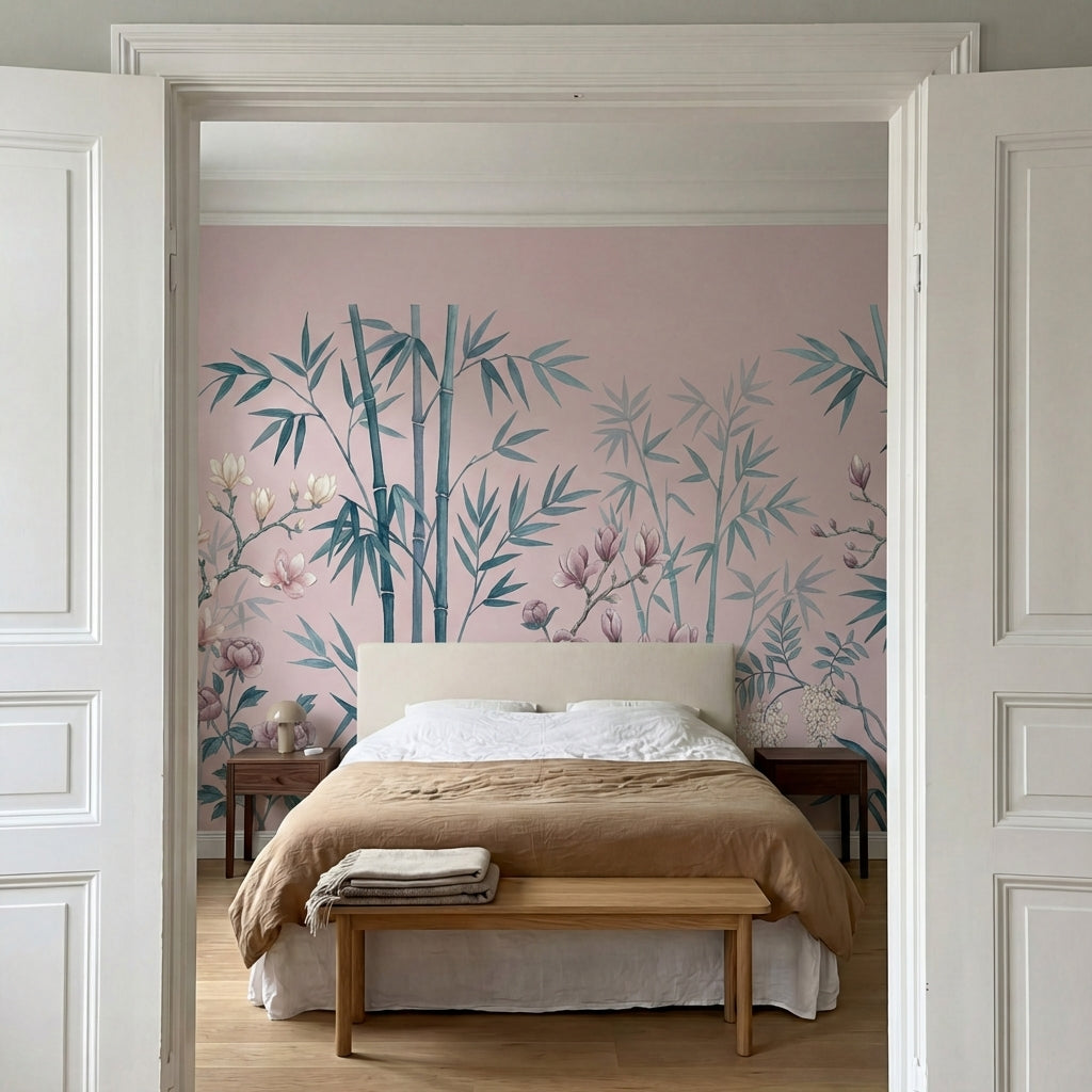 papier peint panoramique floral bambous pivoines roses magnolias blancs fond ros-VARIANTE-9