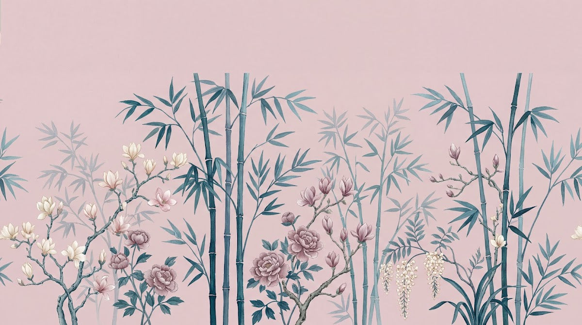Papier peint panoramique floral - Bambous pivoines roses magnolias blancs fond rose poudré et vert sauge sur mesure - Design