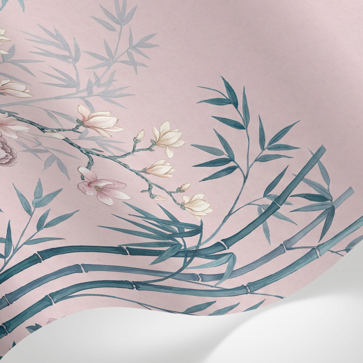 Papier peint panoramique floral - Bambous pivoines roses magnolias blancs fond rose poudré et vert sauge sur mesure - Matière