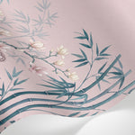 Papier peint panoramique floral - Bambous pivoines roses magnolias blancs fond rose poudré et vert sauge sur mesure - Matière