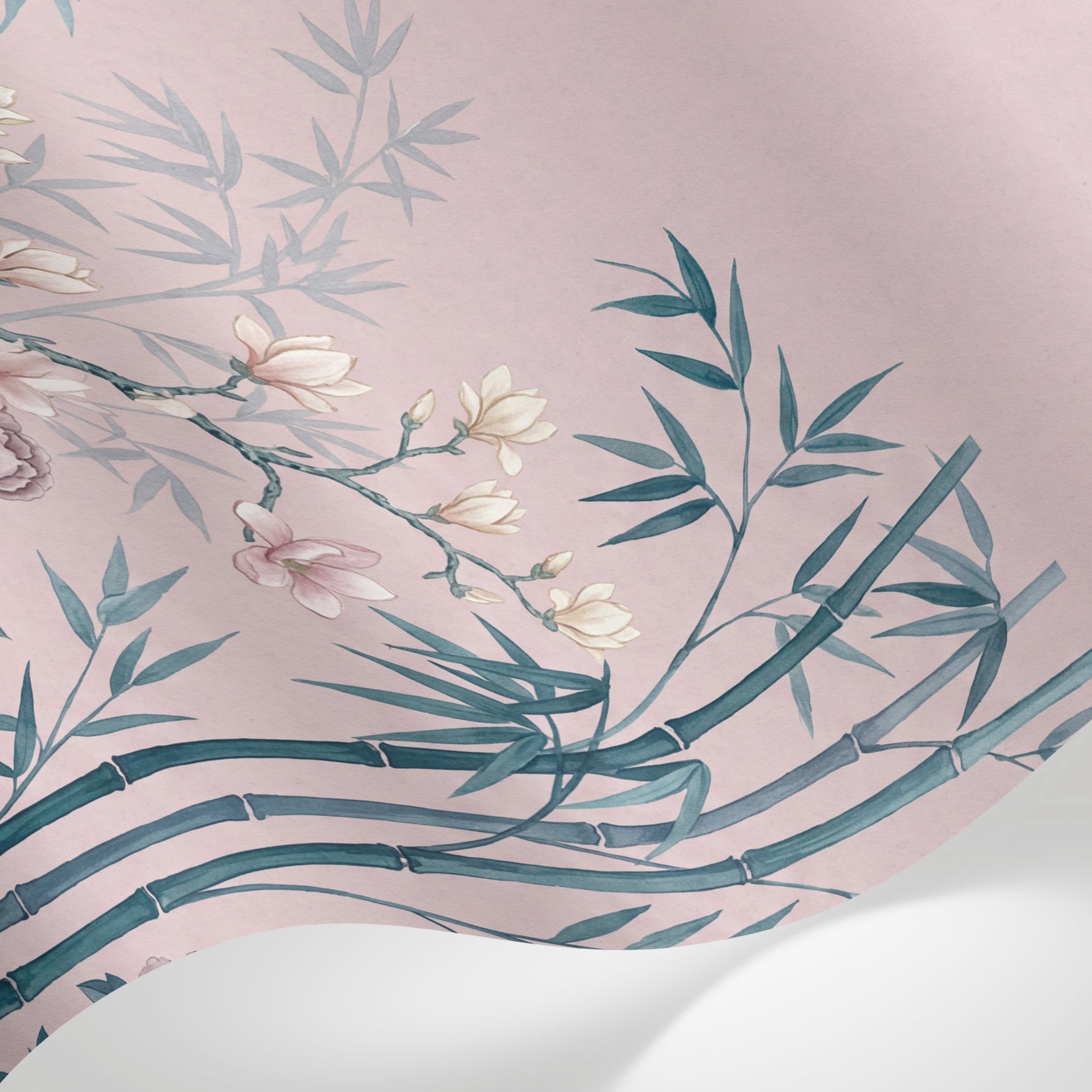 Papier peint panoramique floral - Bambous pivoines roses magnolias blancs fond rose poudré et vert sauge sur mesure - Matière