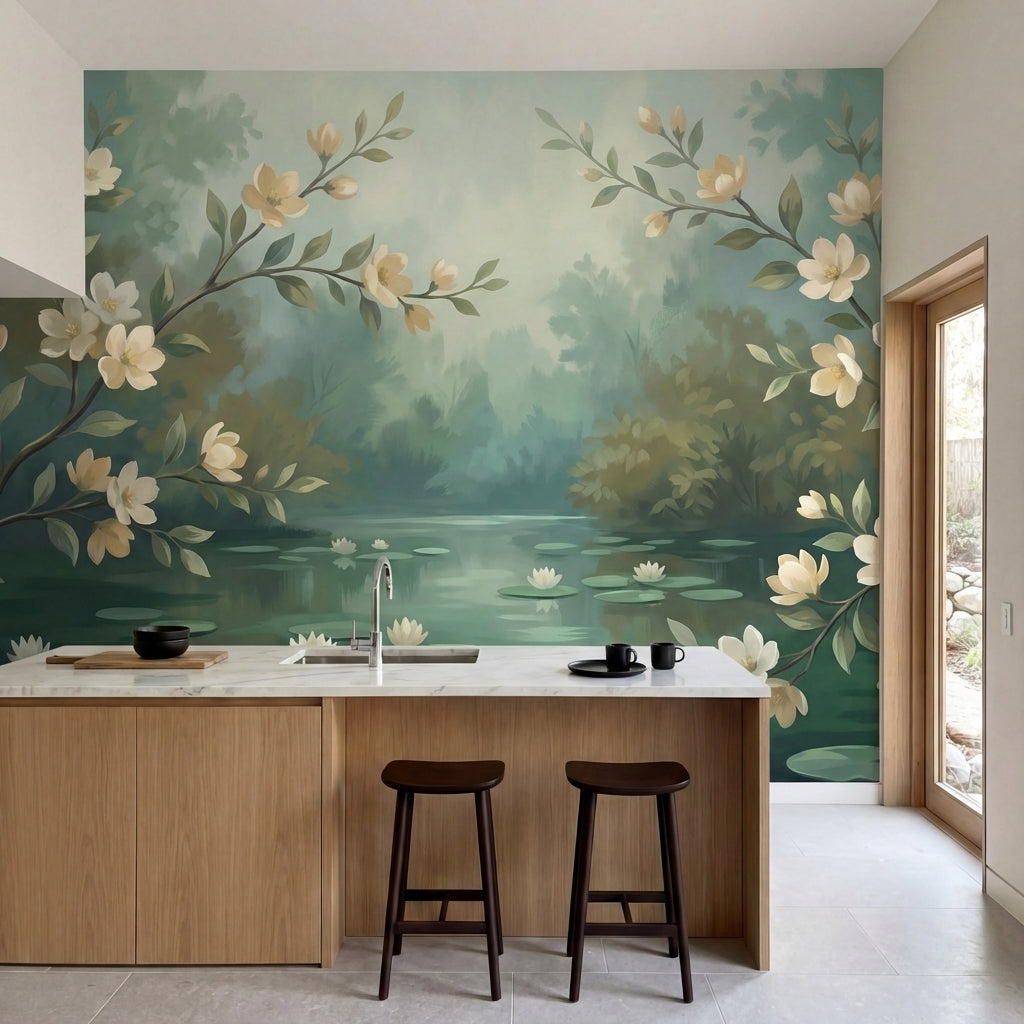 papier peint panoramique floral branches fleuries magnolias blancs bassin nenuph-1