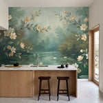 papier peint panoramique floral branches fleuries magnolias blancs bassin nenuph-1
