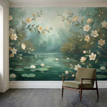 papier peint panoramique floral branches fleuries magnolias blancs bassin nenuph-2