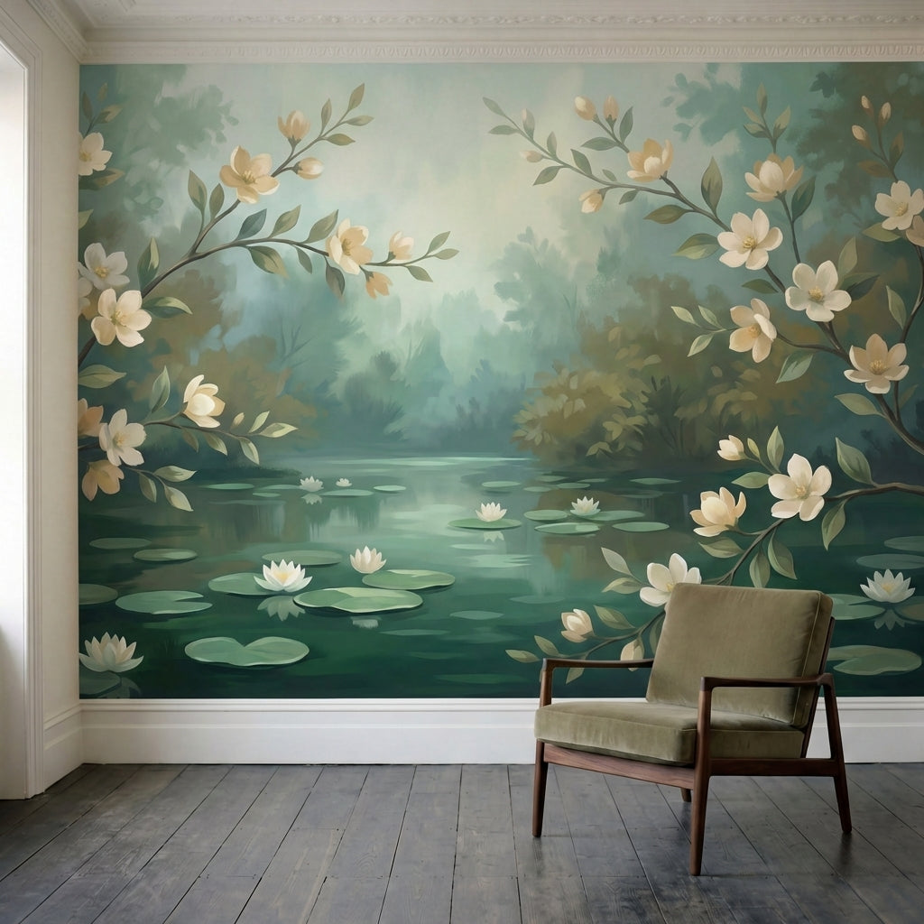 papier peint panoramique floral branches fleuries magnolias blancs bassin nenuph-2
