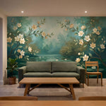 papier peint panoramique floral branches fleuries magnolias blancs bassin nenuph-6