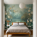 papier peint panoramique floral branches fleuries magnolias blancs bassin nenuph-7