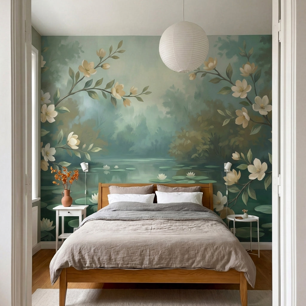 papier peint panoramique floral branches fleuries magnolias blancs bassin nenuph-7