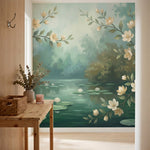 papier peint panoramique floral branches fleuries magnolias blancs bassin nenuph-VARIANTE-10