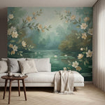 papier peint panoramique floral branches fleuries magnolias blancs bassin nenuph-VARIANTE-9