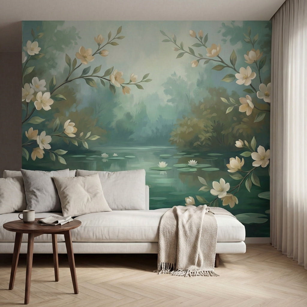 papier peint panoramique floral branches fleuries magnolias blancs bassin nenuph-VARIANTE-9