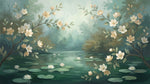 Papier peint panoramique floral - Branches fleuries magnolias blancs bassin nénuphars fond vert sauge sur mesure - Design