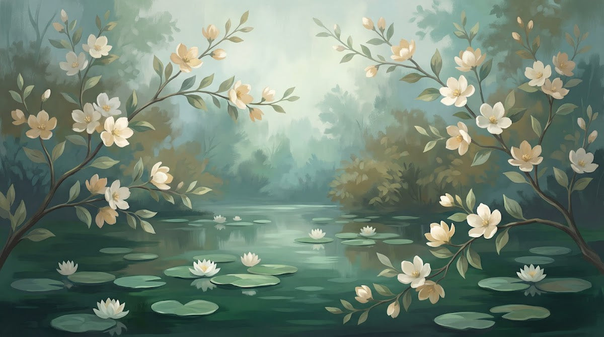 Papier peint panoramique floral - Branches fleuries magnolias blancs bassin nénuphars fond vert sauge sur mesure - Design