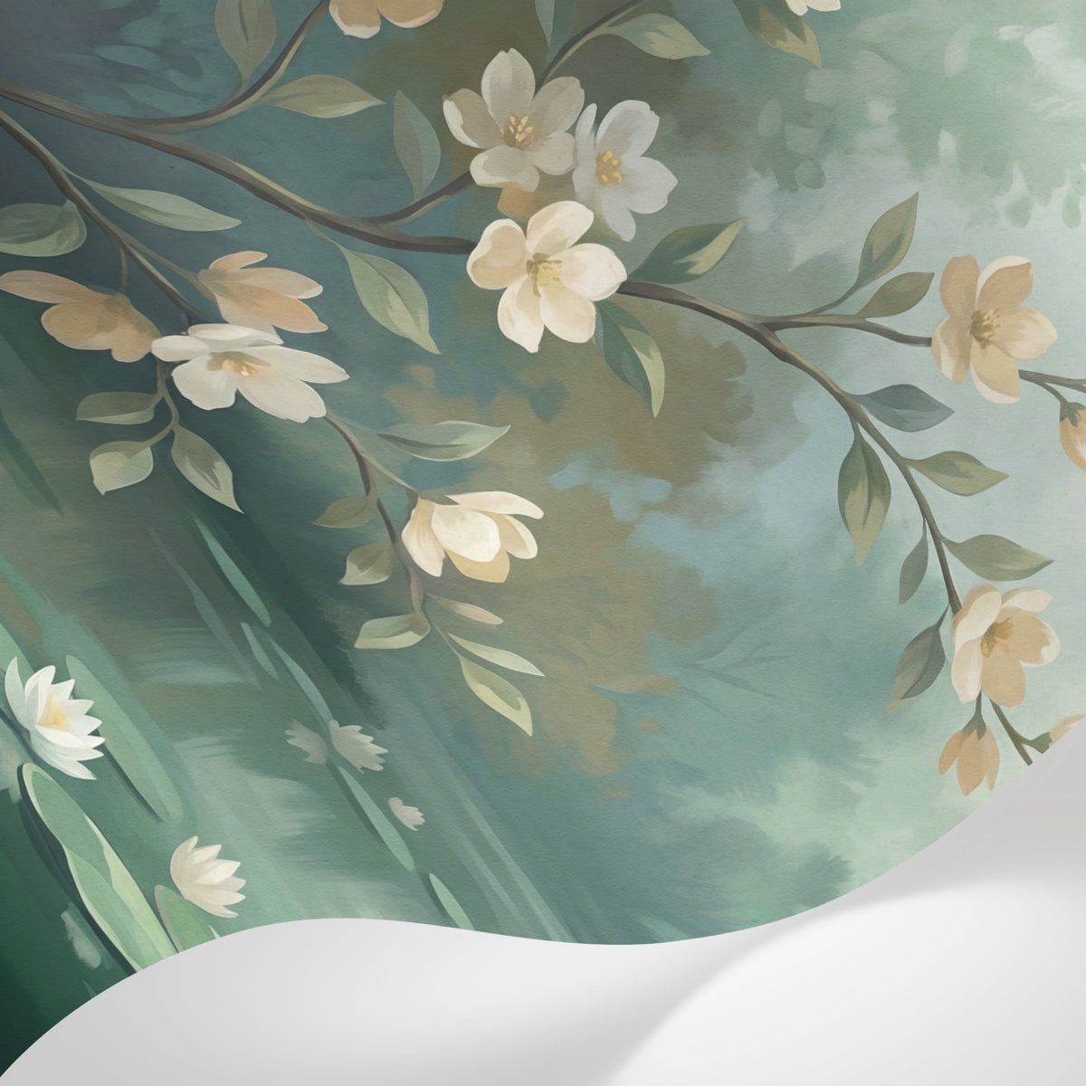 Papier peint panoramique floral - Branches fleuries magnolias blancs bassin nénuphars fond vert sauge sur mesure - Matière