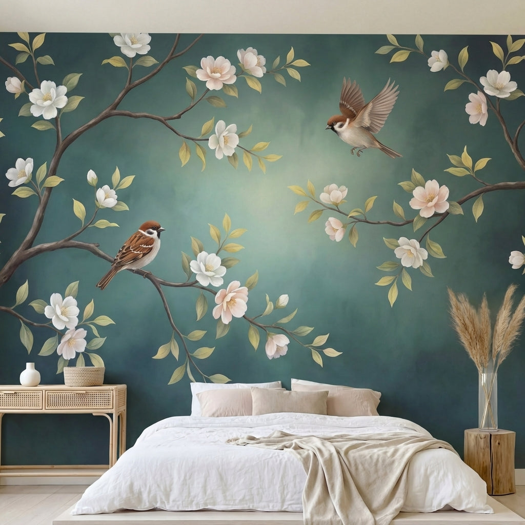 papier peint panoramique floral branches fleuries oiseaux moineaux fleurs blanch-1