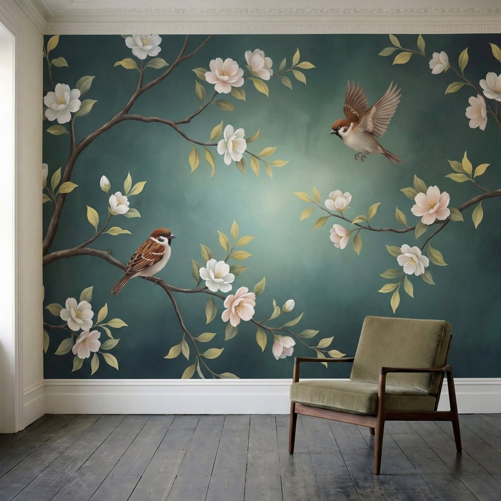 papier peint panoramique floral branches fleuries oiseaux moineaux fleurs blanch-3