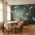 papier peint panoramique floral branches fleuries oiseaux moineaux fleurs blanch-6