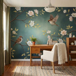 papier peint panoramique floral branches fleuries oiseaux moineaux fleurs blanch-7
