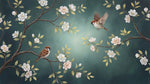 Papier peint panoramique floral - Branches fleuries oiseaux moineaux fleurs blanches fond vert sauge sur mesure - Design