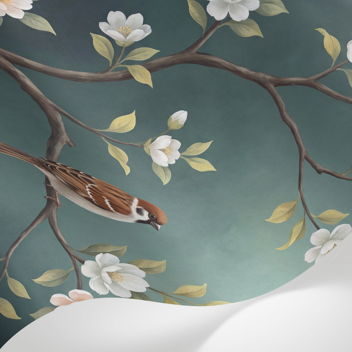 Papier peint panoramique floral - Branches fleuries oiseaux moineaux fleurs blanches fond vert sauge sur mesure - Matière